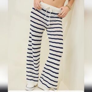 Aerie NWT Striped Knit Wide Leg Pants Cream Navy Beachy Lounge L